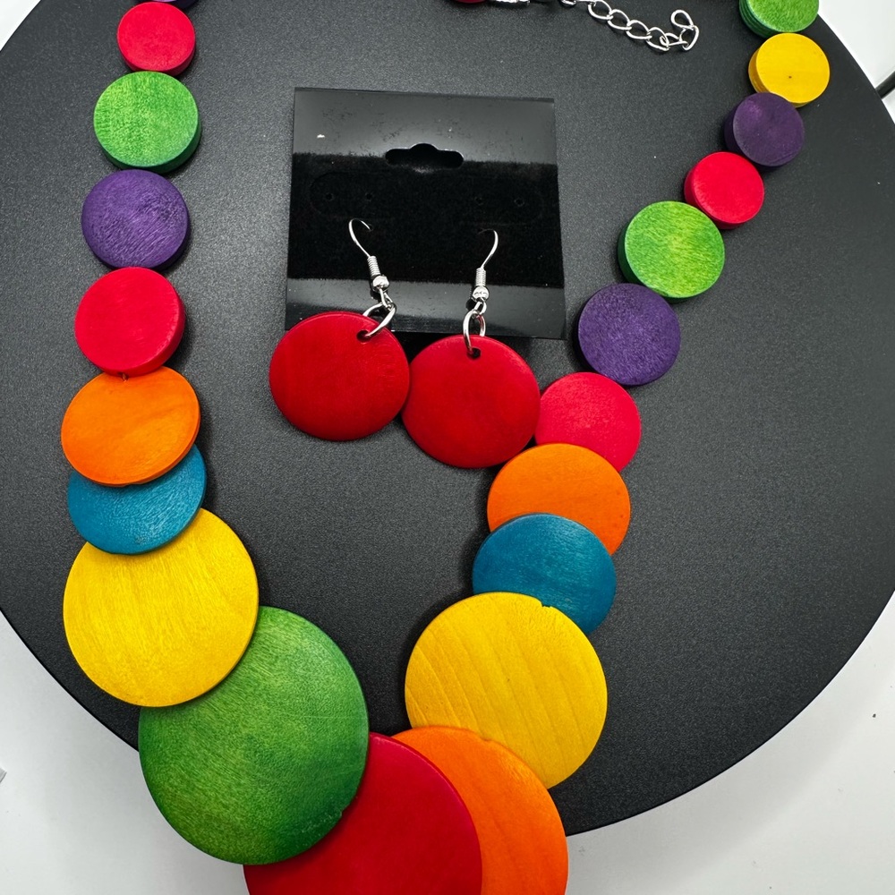 Colorful Wooden Disc Necklace and Earring Set